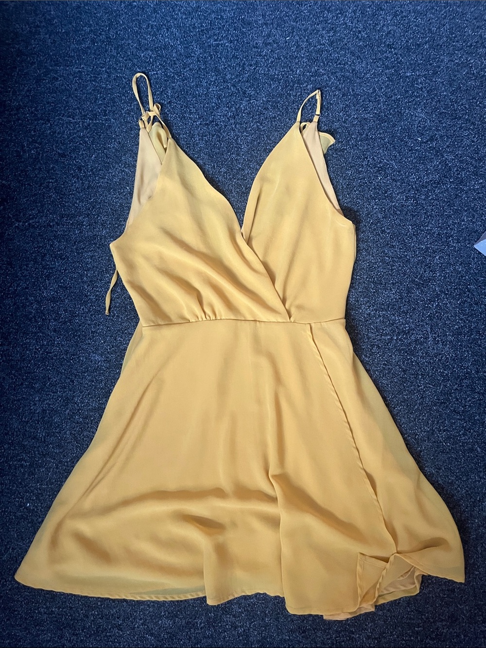 7/$20 Lulu's Mustard Yellow Wrap Mini Dress with Spaghetti Straps 7/$20